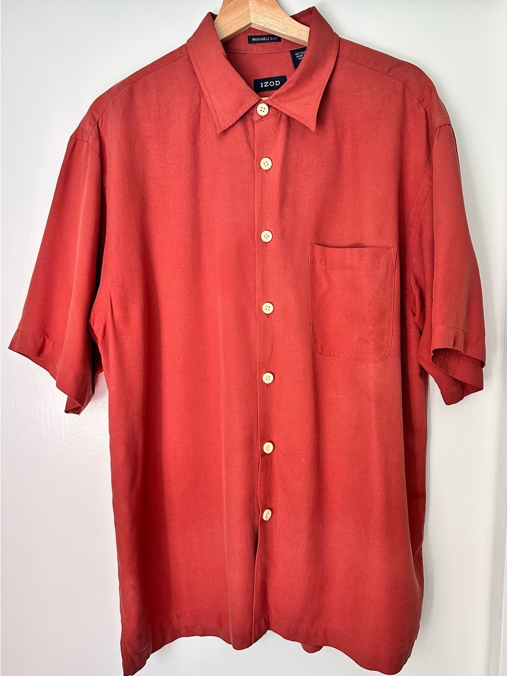 Izod Men's Short-Sleeve Button-Down Shirt in Rust. 100% silk